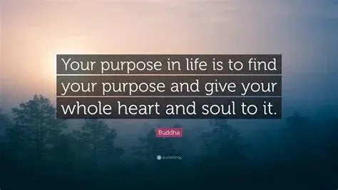 Inspirational Buddha quote on misty forest sunrise background with purpose in life text.