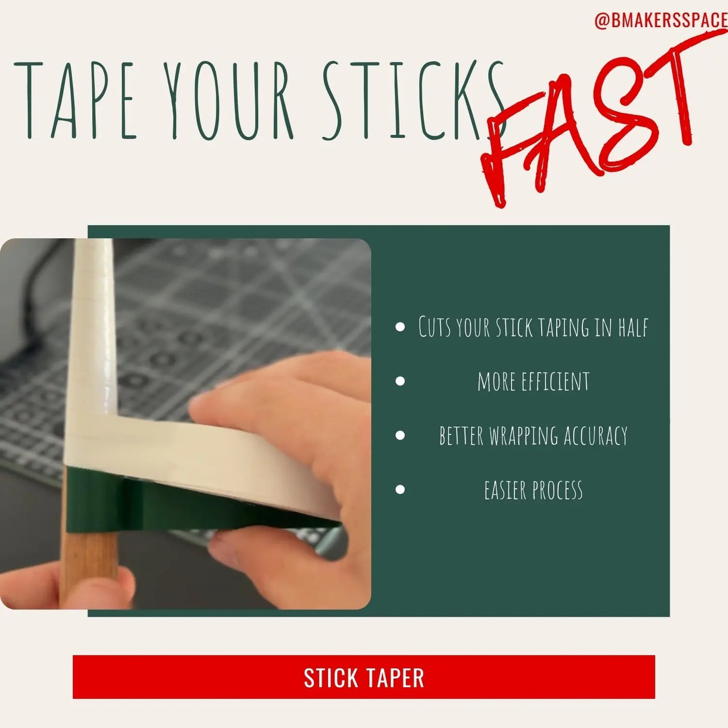 Hand taping a wooden stick with white tape, stick taper tool, efficient wrapping process