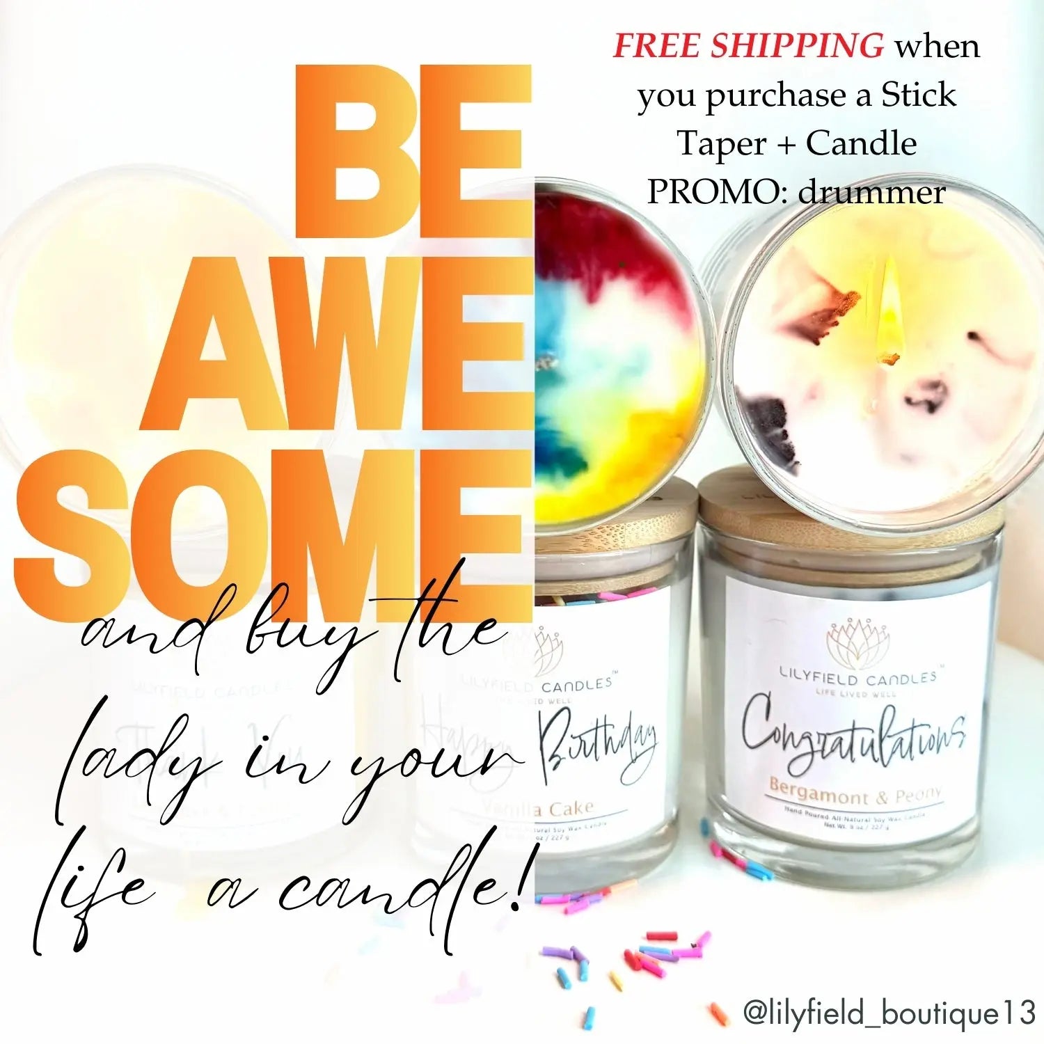 Lilyfield Candles candle jars with colorful lids, confetti, and promo for free shipping offer.