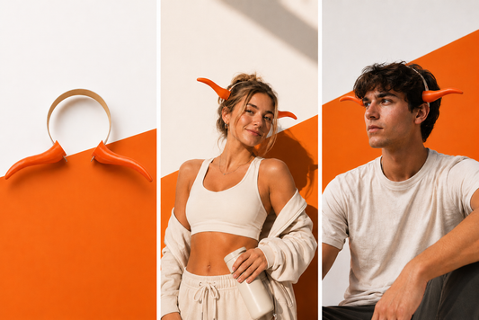 A three-panel collage showing a matching orange horn headband and matching orange horn headpiece worn by a woman and a man, alongside a close-up of the headband alone. The models are styled in minimalist white clothing against a split white and orange background.