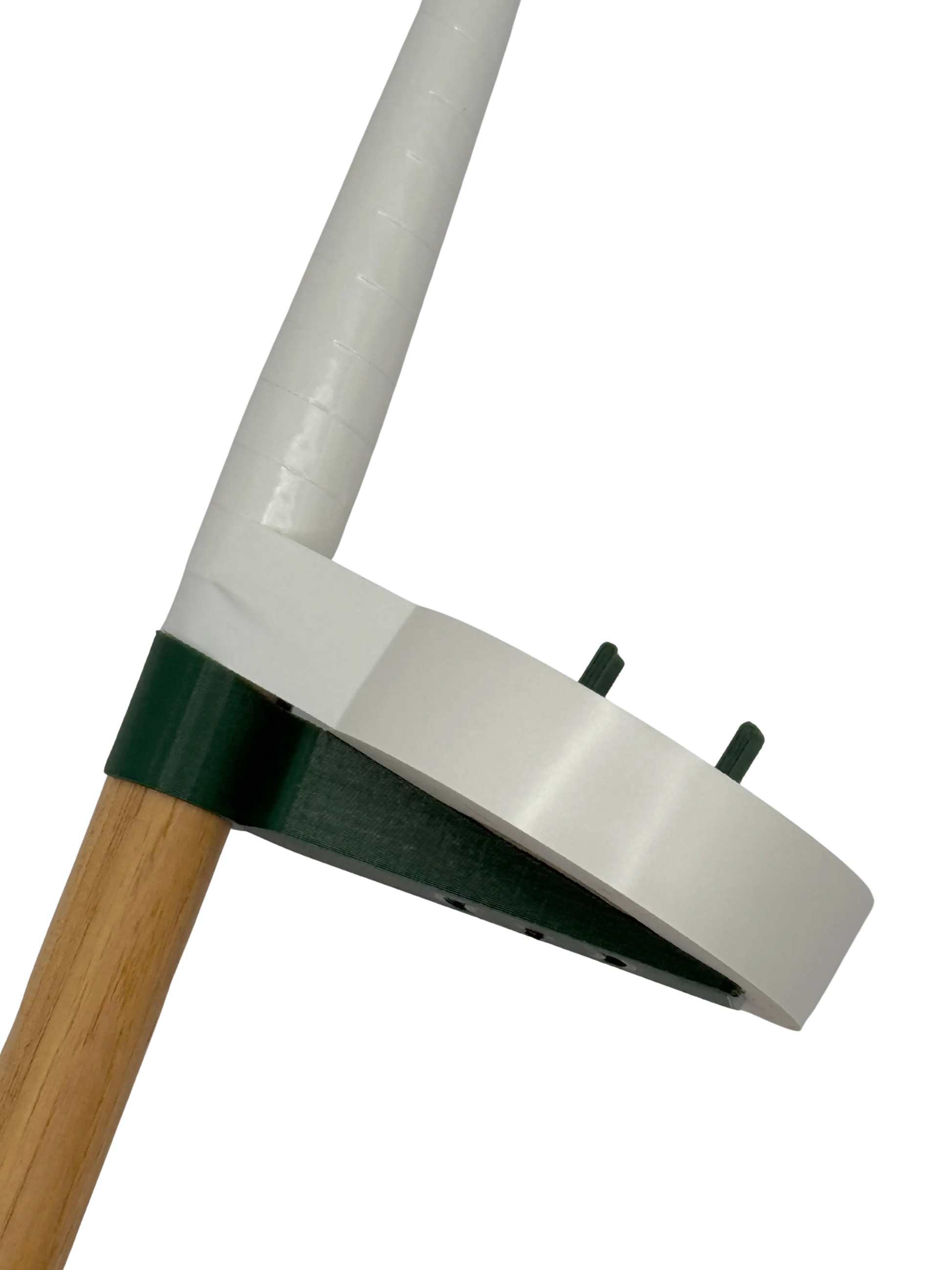 Close-up of a lacrosse stick head with white wrap and wooden handle on black background
