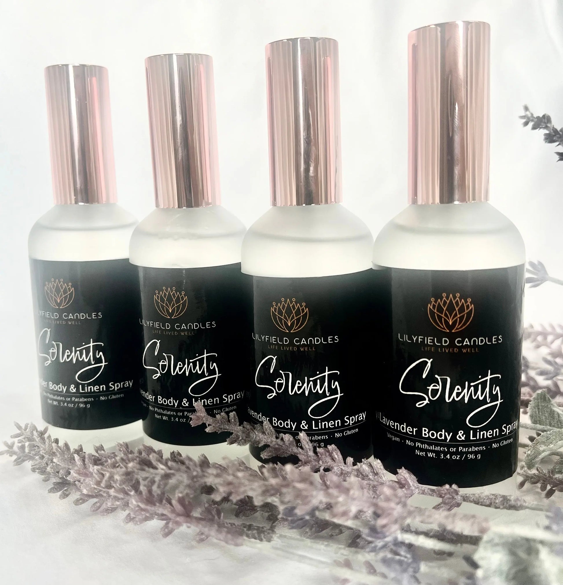 Lilyfield Candles Serenity lavender body and linen spray bottles with lavender sprigs
