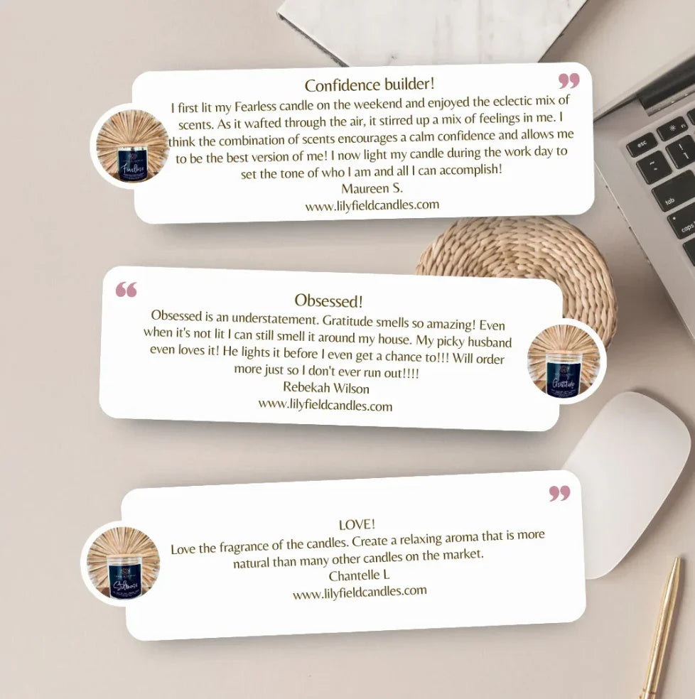 Lilyfield Candles customer testimonials on a desk with wicker mat, laptop, and candle image.