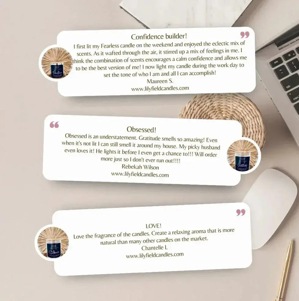Three customer testimonials for Lily Field Candles on office desk with laptop and mouse.