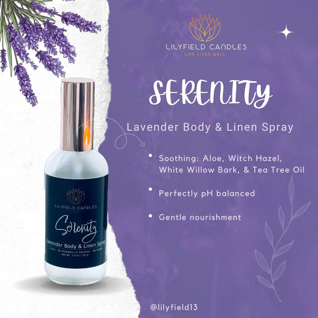 Lavender body and linen spray bottle by Lilyfield Candles, purple floral background, product features listed.